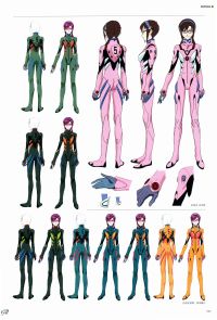Mari's early plugsuit designs, with changing colors.